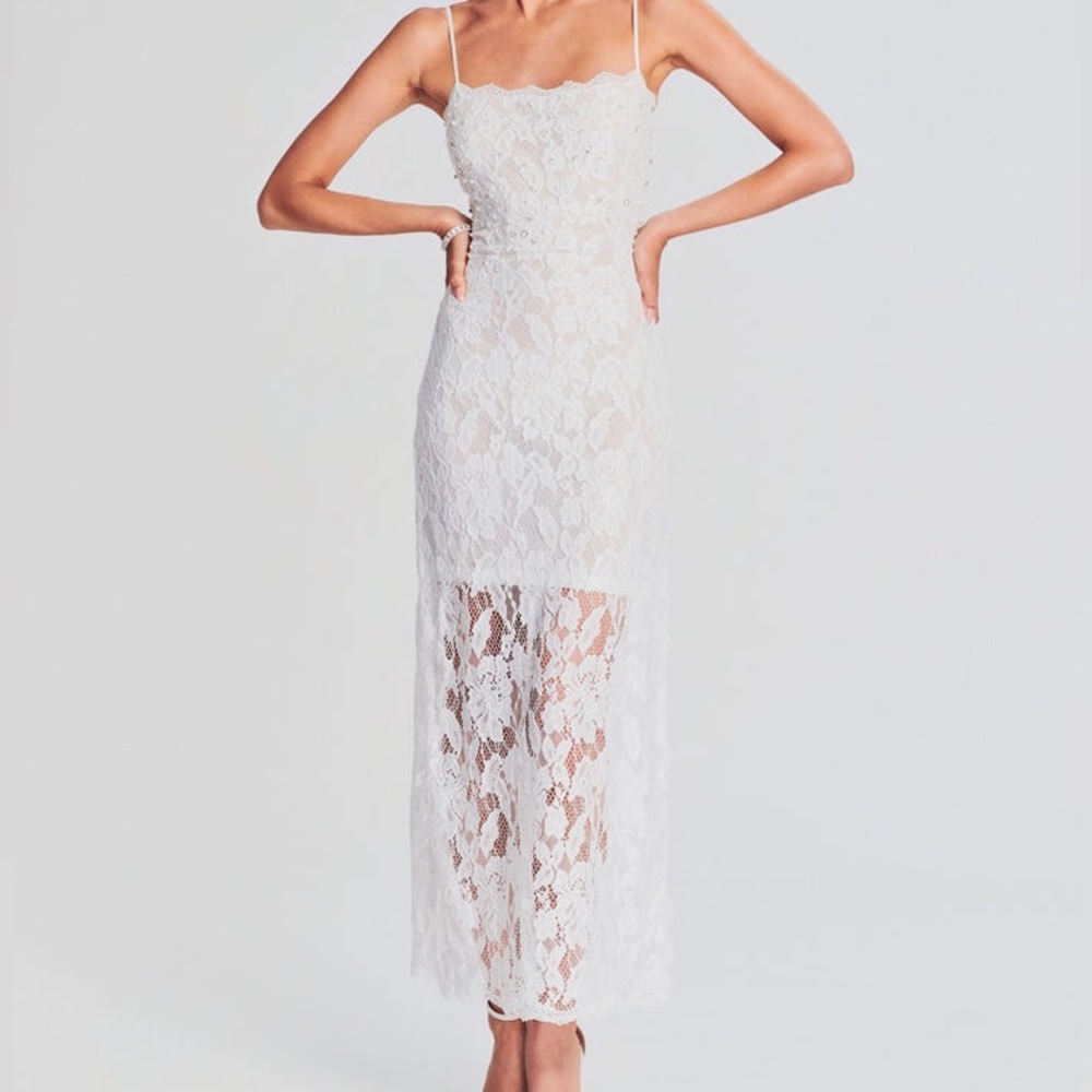 Hemant & Nandita White Reet Lace Bridal Wedding Whimsical Midi Dress